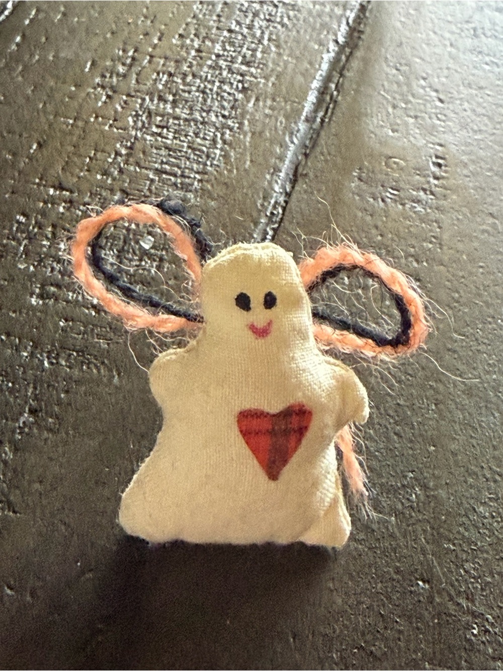 Handmade Cream Heart Ghost Brooch with Pink & Black Yarn Accents